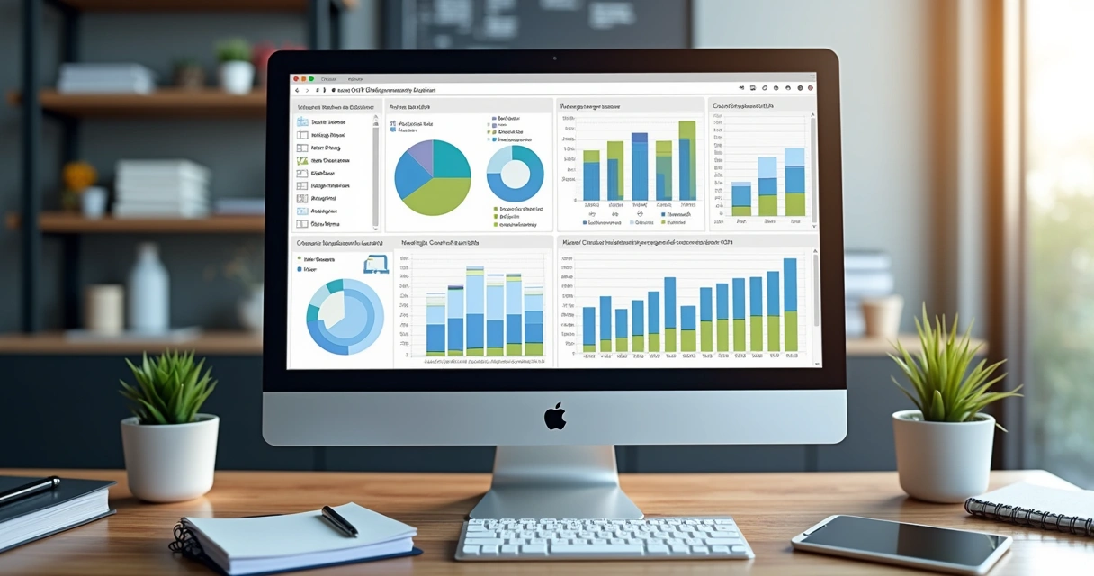Computador exibindo dashboards personalizados do Power BI com gráficos interativos em ambiente corporativo moderno