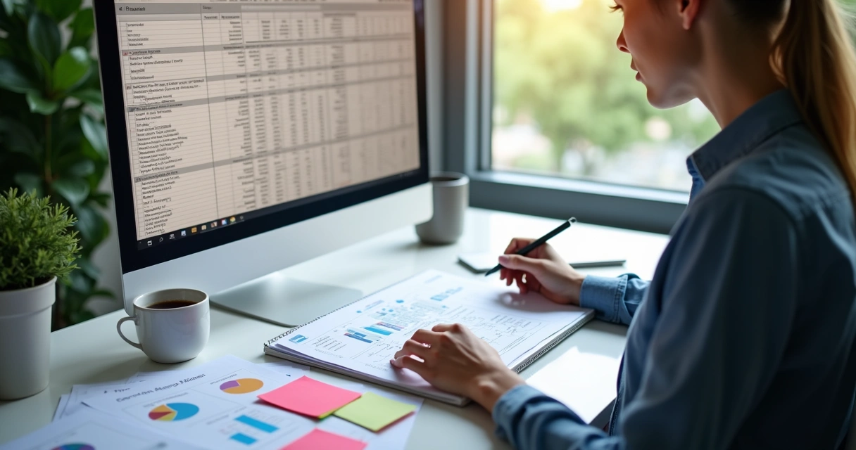 Pessoa organizando dados em notebook para relatório 