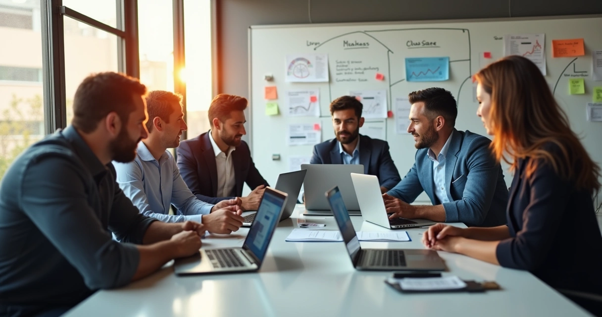 Equipe analisa dados em notebooks em ambiente de escritório 