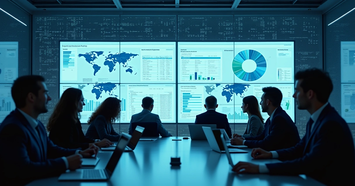 Executivos de vendas analisando dashboards digitais em sala de reunião 