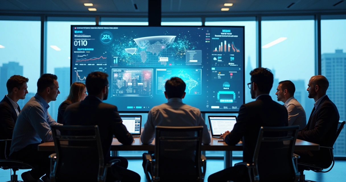 Executivos analisando gráficos e dados de investimentos em Brasil em tela grande. 