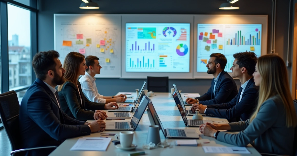 Equipe analisando dados em telas de computador 