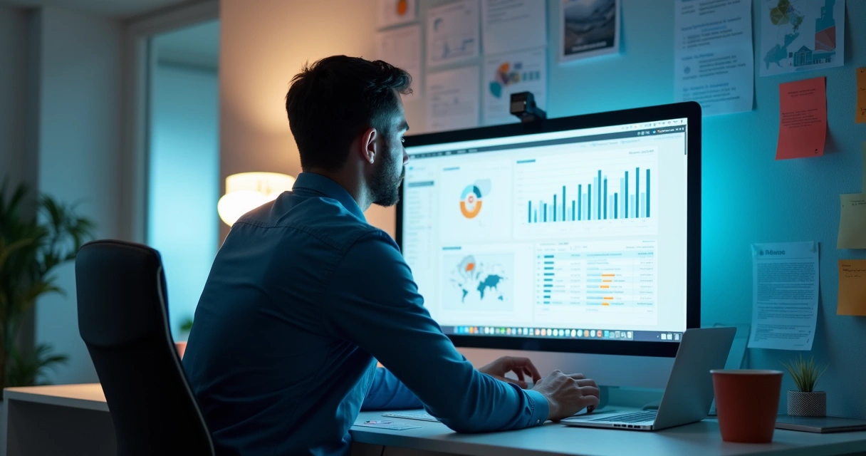 Profissional analisando dados de prospecção em tela de computador 