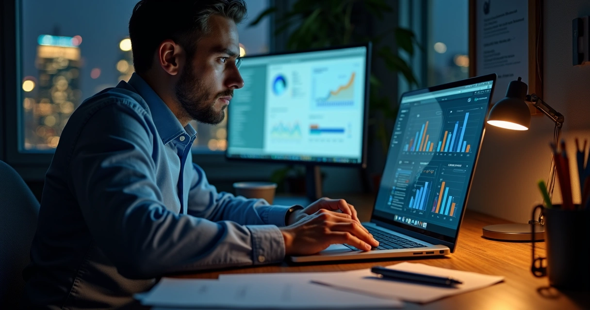 Profissional analisando gráficos de vendas na tela do notebook 