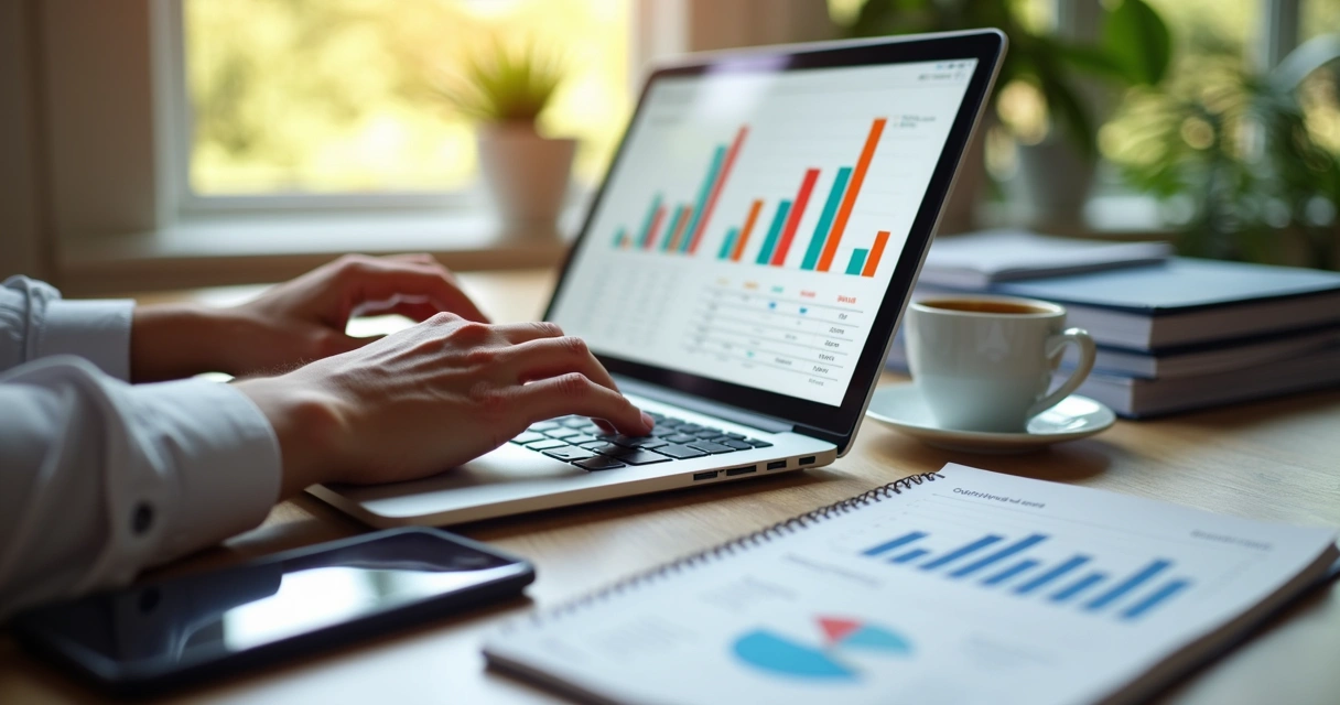 Pessoa analisando gráficos de outbound contábil no notebook 