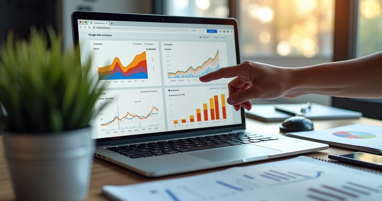 Dashboard de dados de campanhas Google Ads em tela de notebook 