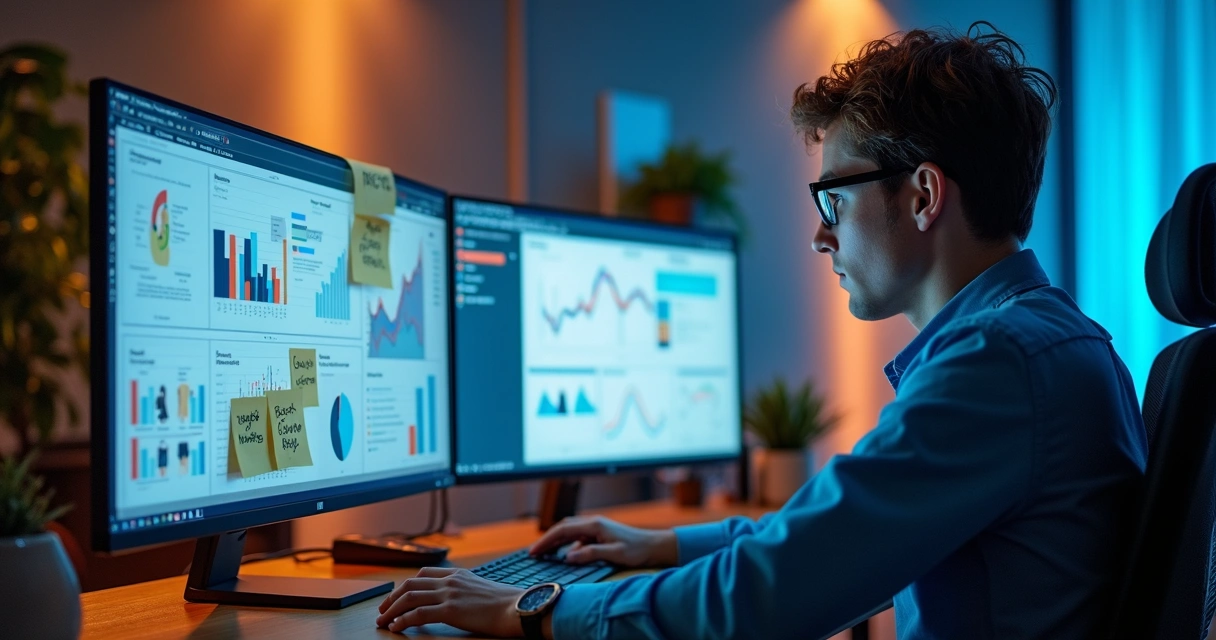 Profissional de marketing analisando dados do público em múltiplas telas 