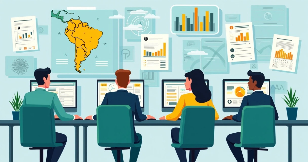 Cientistas de dados analisando registros públicos em computadores, com mapas e gráficos em segundo plano.