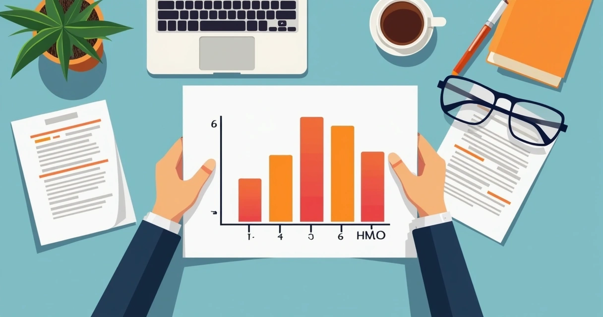Gráfico de barras colorido representando indicadores de RH, em mesa de escritório com notebook e papéis 