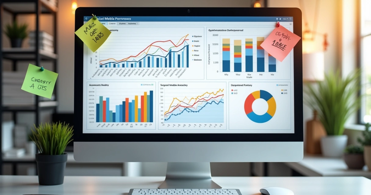 Tela de computador com gráficos e métricas digitais em destaque 