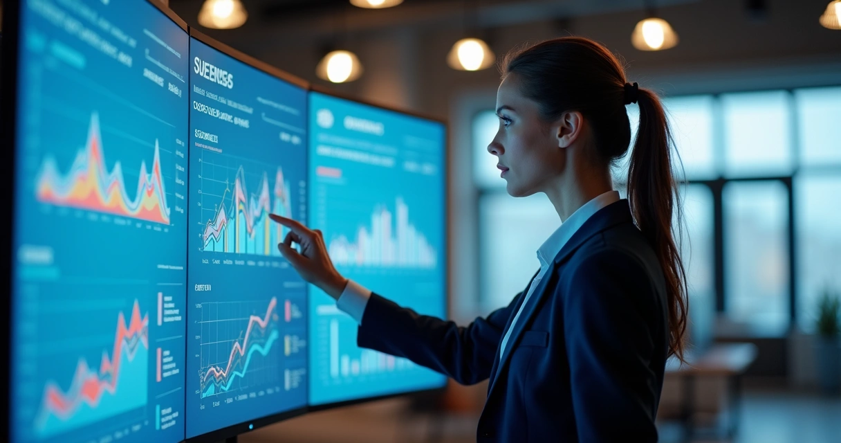 Profissional analisando gráficos de dados de redes sociais em tela grande com gráficos coloridos
