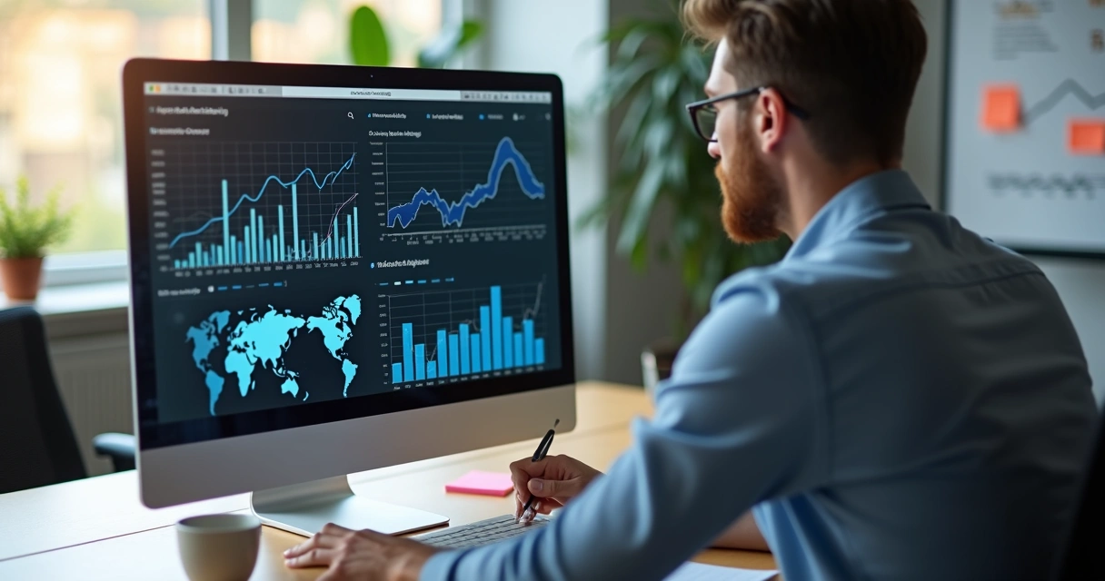 Gestor de marketing analisando gráficos de vendas de redes sociais em computador. 