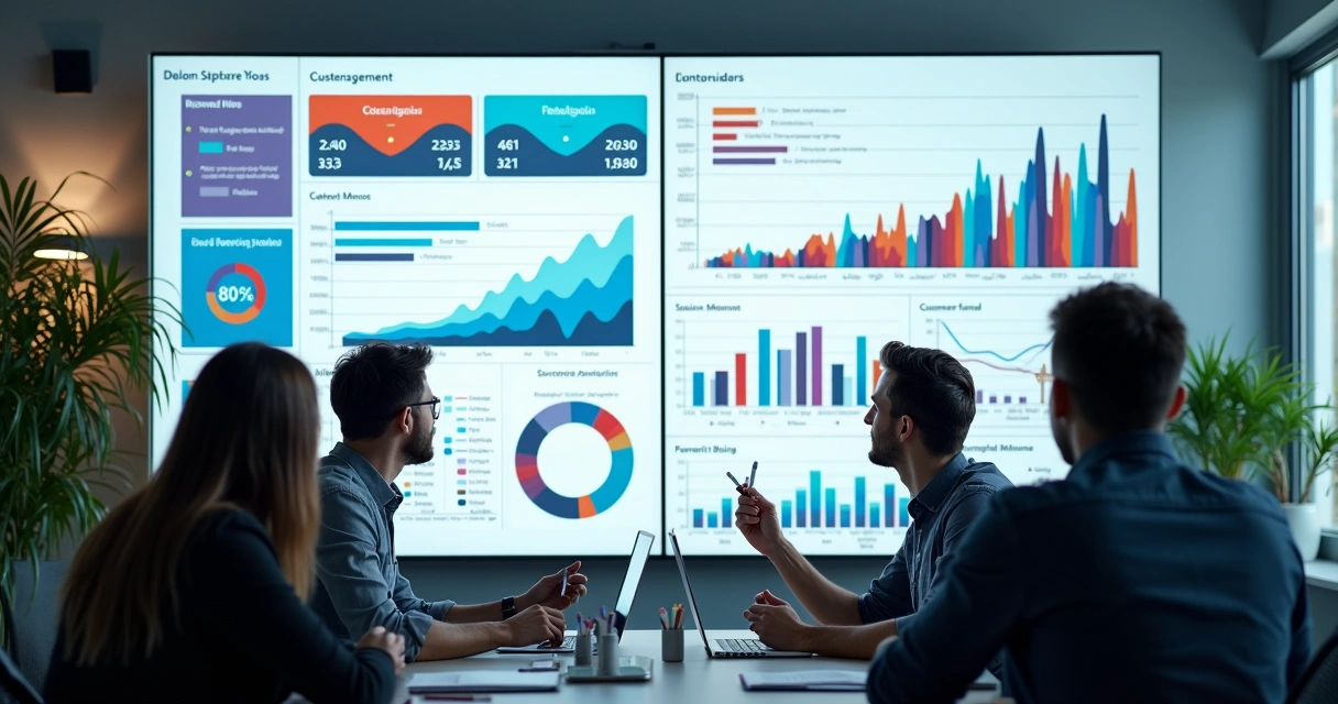 Equipe examinando gráficos de relacionamento de vendas 