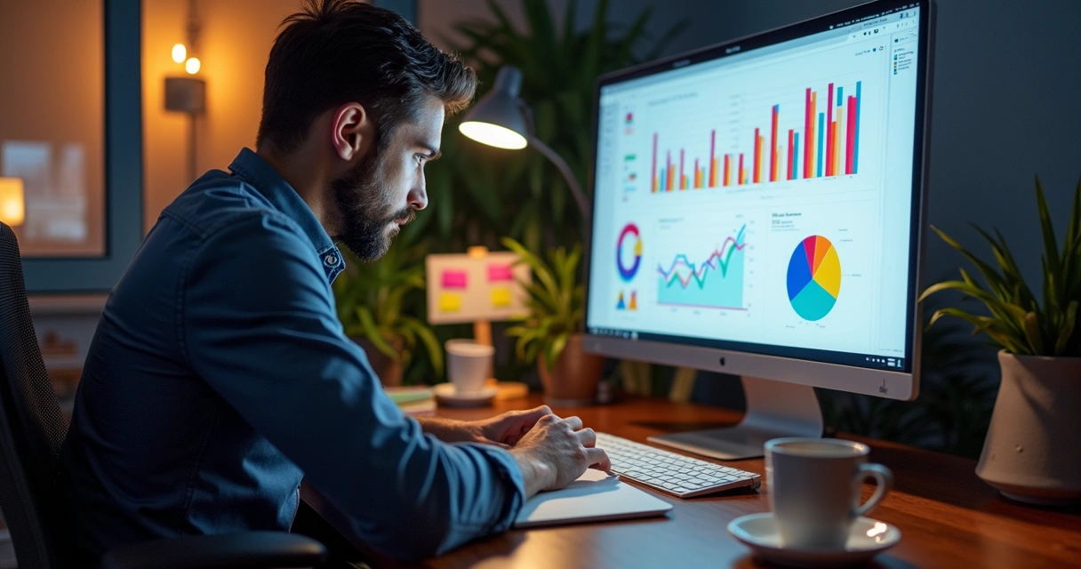 Analista conferindo gráficos coloridos de campanhas digitais na tela de um notebook 