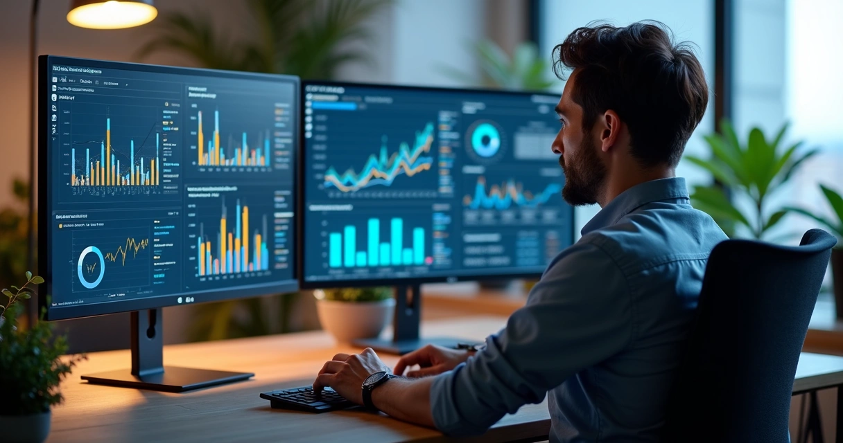 Profissional analisando dados de campanha digital em dois monitores 