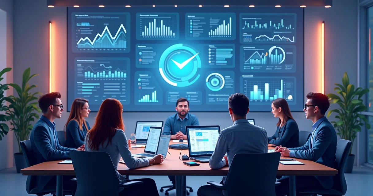 Profissionais de marketing em reunião analisando gráficos de dados em uma tela 