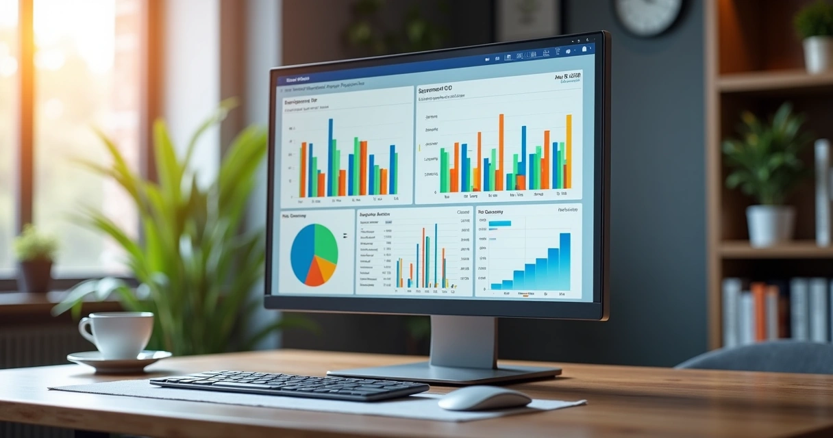 Tela de computador mostrando dashboard detalhado de análise RFV com gráficos coloridos em ambiente de escritório moderno 