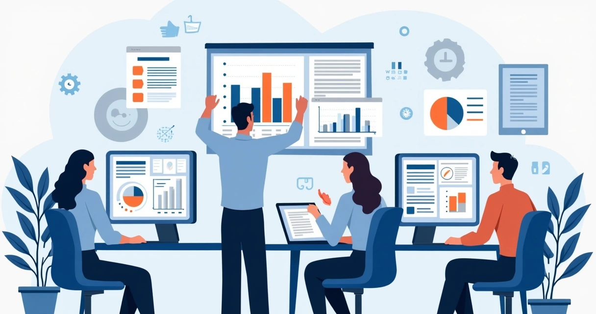 Ilustração corporativa de profissionais analisando dados de RH em computadores com gráficos e planilhas para personalização de treinamentos técnicos 