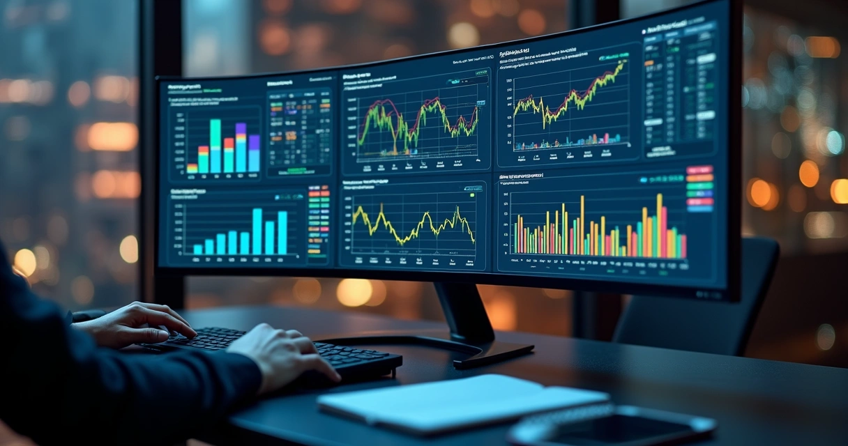 Análise detalhada de dados comerciais com gráficos e indicadores de risco na tela de computador 
