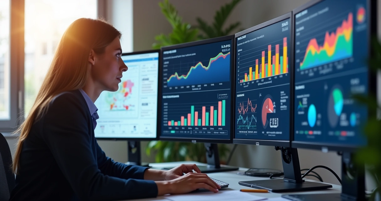 Pessoa analisando gráficos em vários monitores de computador 