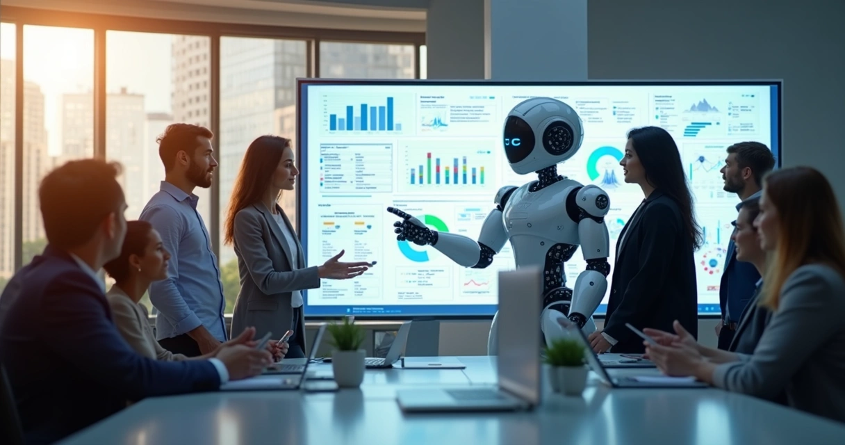 Equipe analisando automação contábil com robô digital 