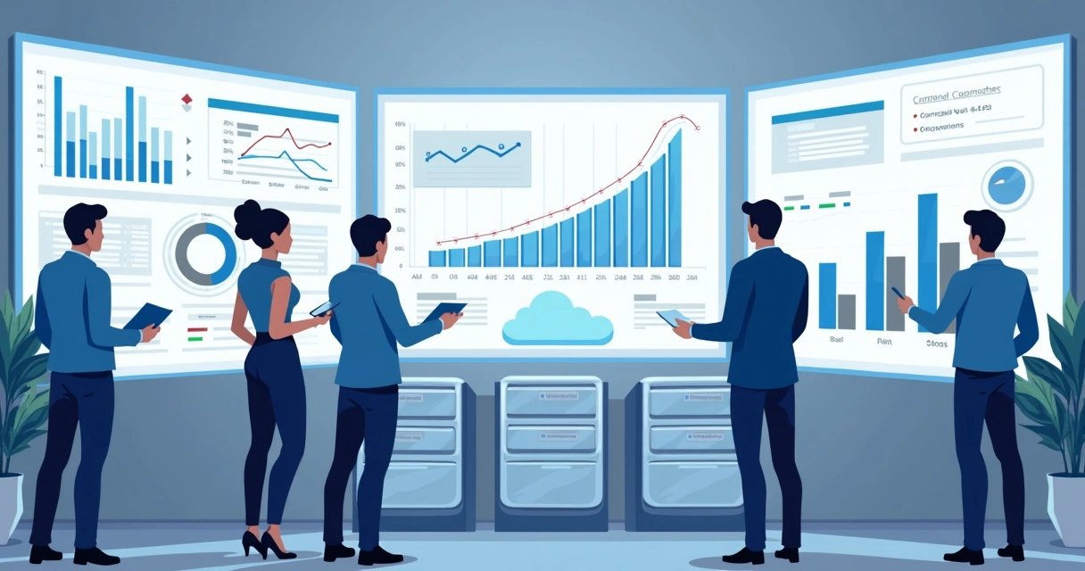 Equipe de tecnologia analisando dados e painéis em telas grandes junto a servidores e ícones de nuvem 
