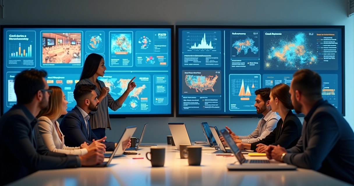 Sala de reunião com profissionais analisando gráficos de comportamento do cliente 