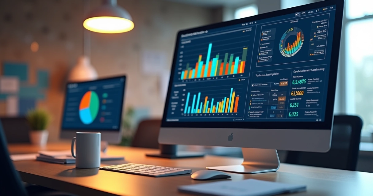 Tela de computador mostrando gráficos de satisfação do cliente em tempo real 