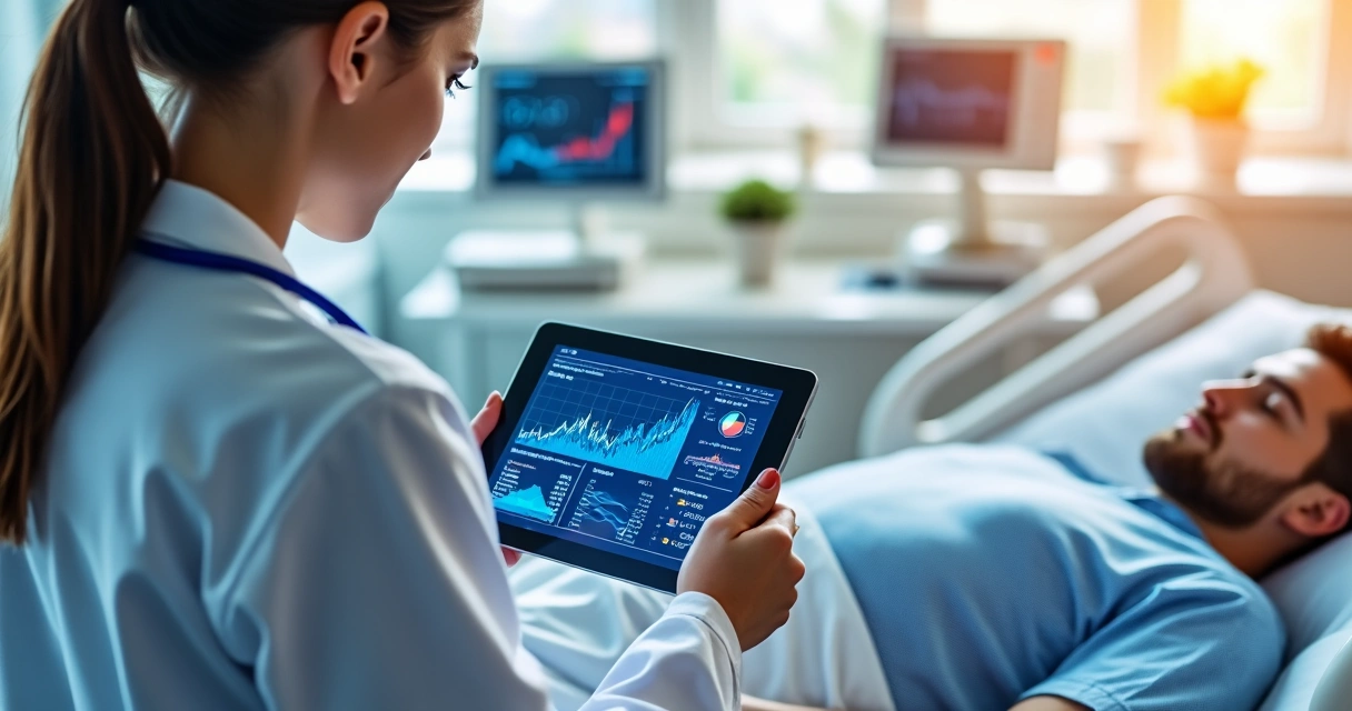 Médica analisa dados em tablet perto de paciente 