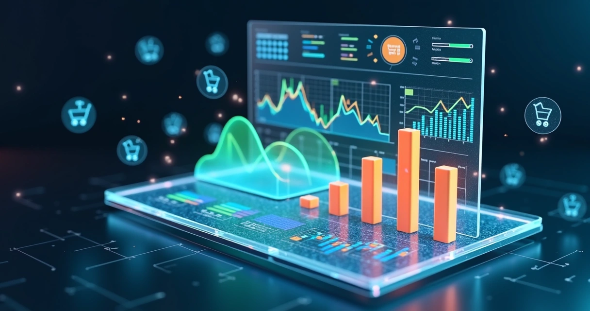 Painel 3D de Business Intelligence mostrando gráficos de vendas sazonais e picos de demanda 
