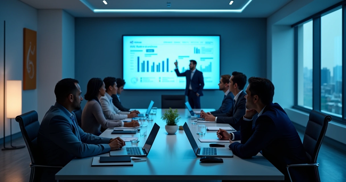 Painel digital apresentando gráficos de performance comercial de imobiliária, com gestor observando e equipe ao fundo.