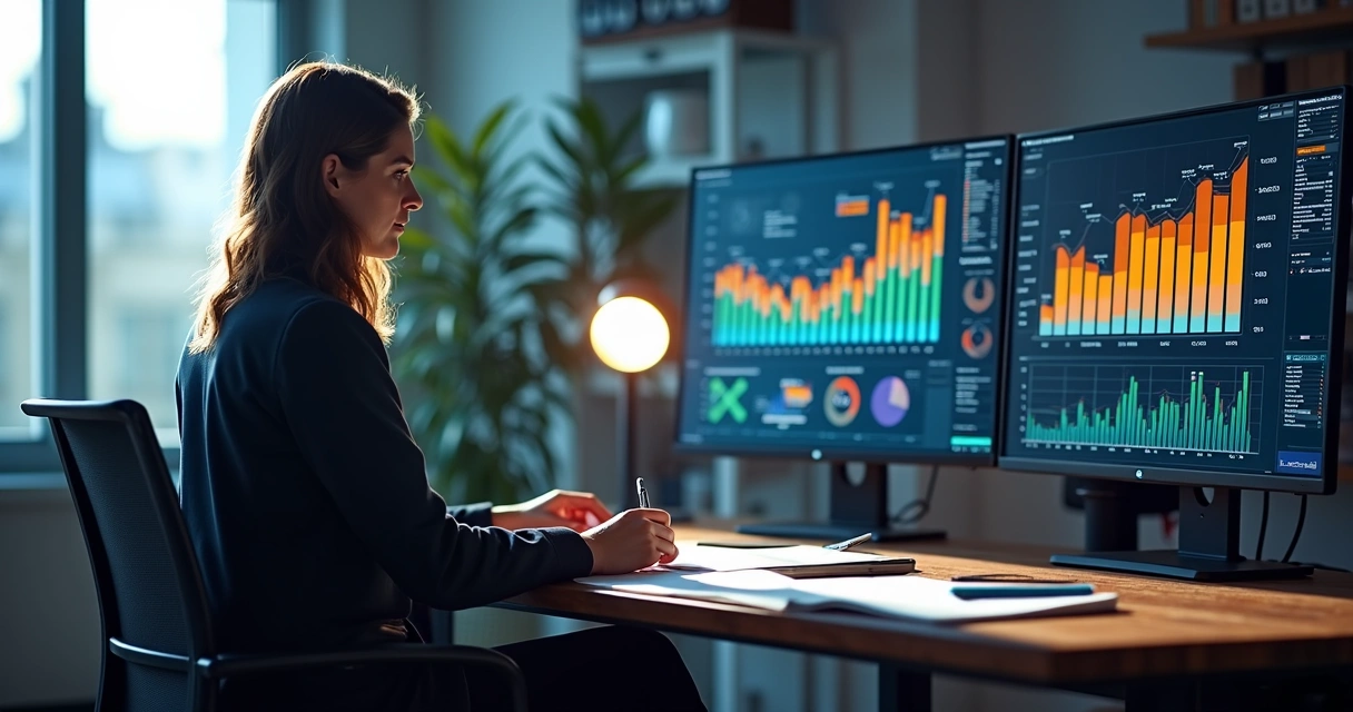 Profissional analisando gráficos e dados em tela grande 