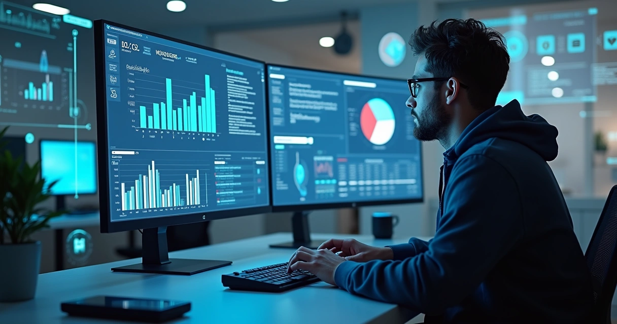 Técnico analisando dados de SST com inteligência artificial