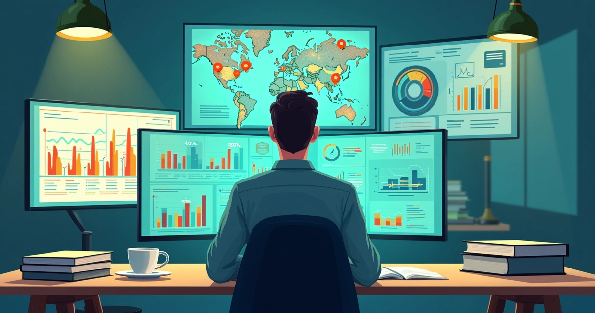 Analista de SEO estudando gráficos coloridos em telas grandes 