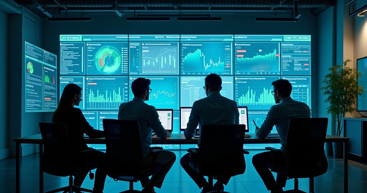Equipe de analistas de dados em painel de controle financeiro digital 