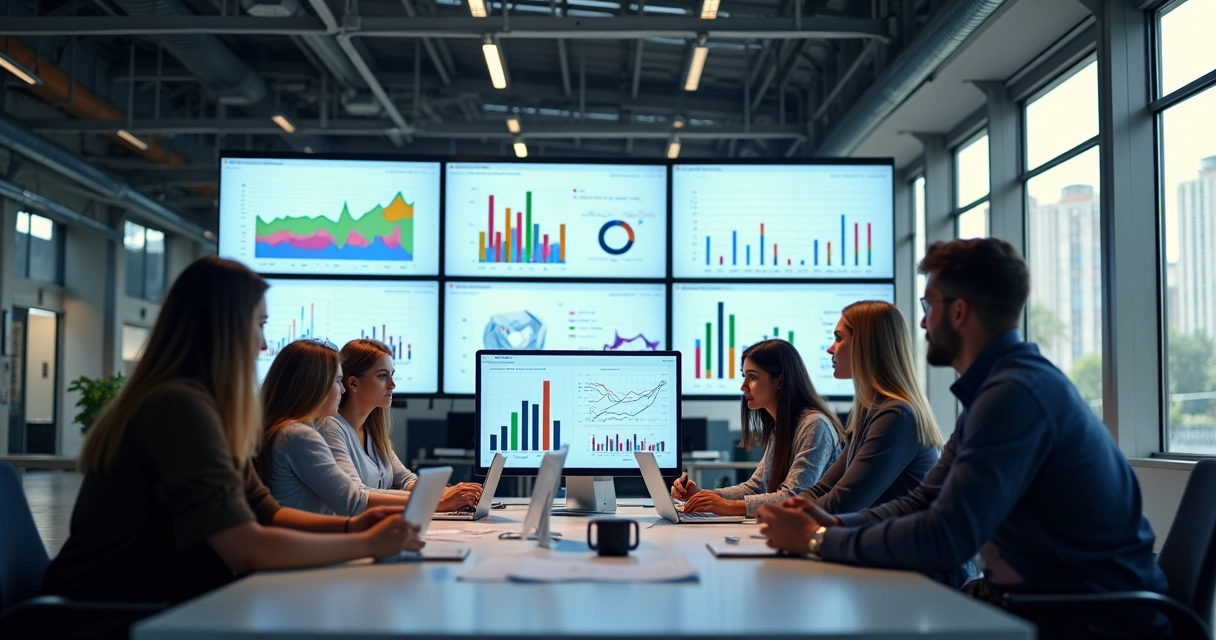 Equipe analisando gráficos coloridos em computadores, ambiente industrial moderno. 