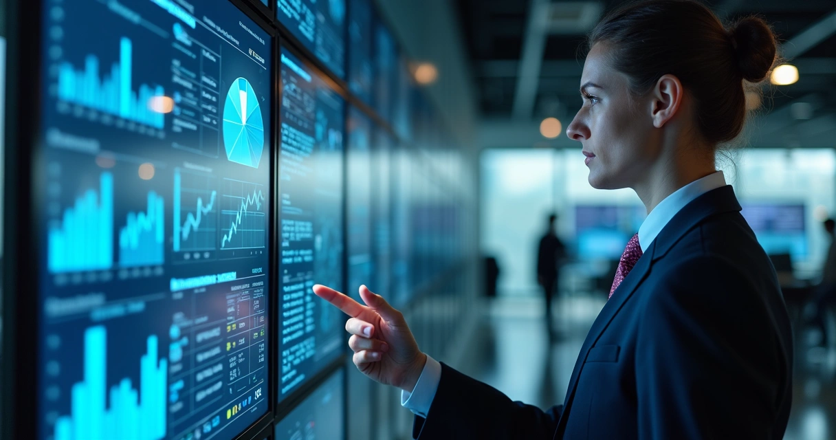 Profissional analisando relatórios digitais em tela touch screen 