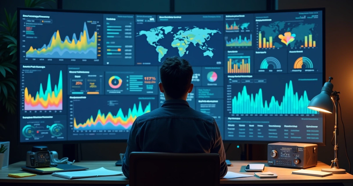 Analista trabalhando em gráficos de tendências e resultados de campanha em tela grande. 