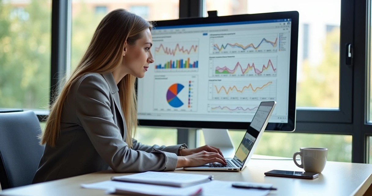 Empresária analisando gráficos coloridos em notebook