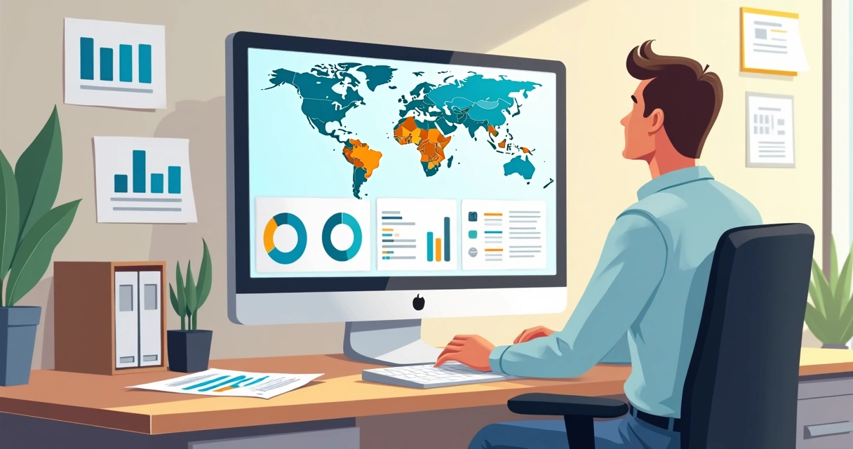 Pessoa analisando gráficos de território eleitoral em monitor grande, mapas coloridos e relatórios abertos 