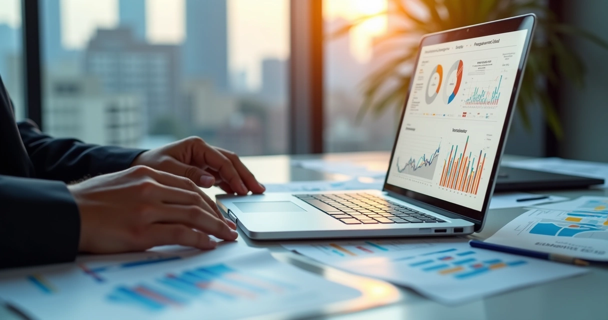 Dados financeiros sendo analisados em laptop e gráficos manuais 