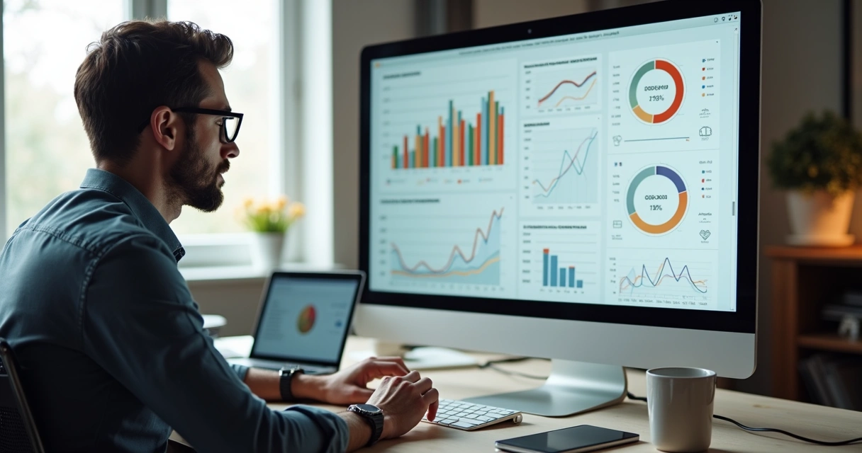 Profissional analisando gráficos de dados de teste de landing page na tela do computador 