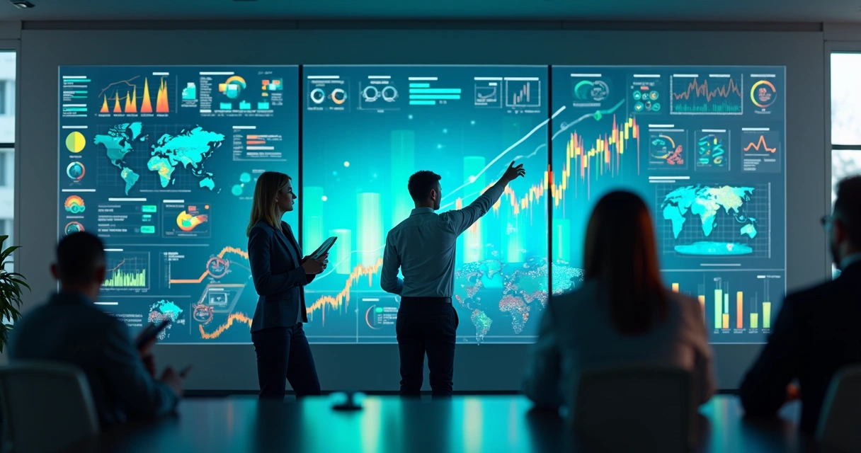 Profissional analisa gráficos de dados em tela grande 