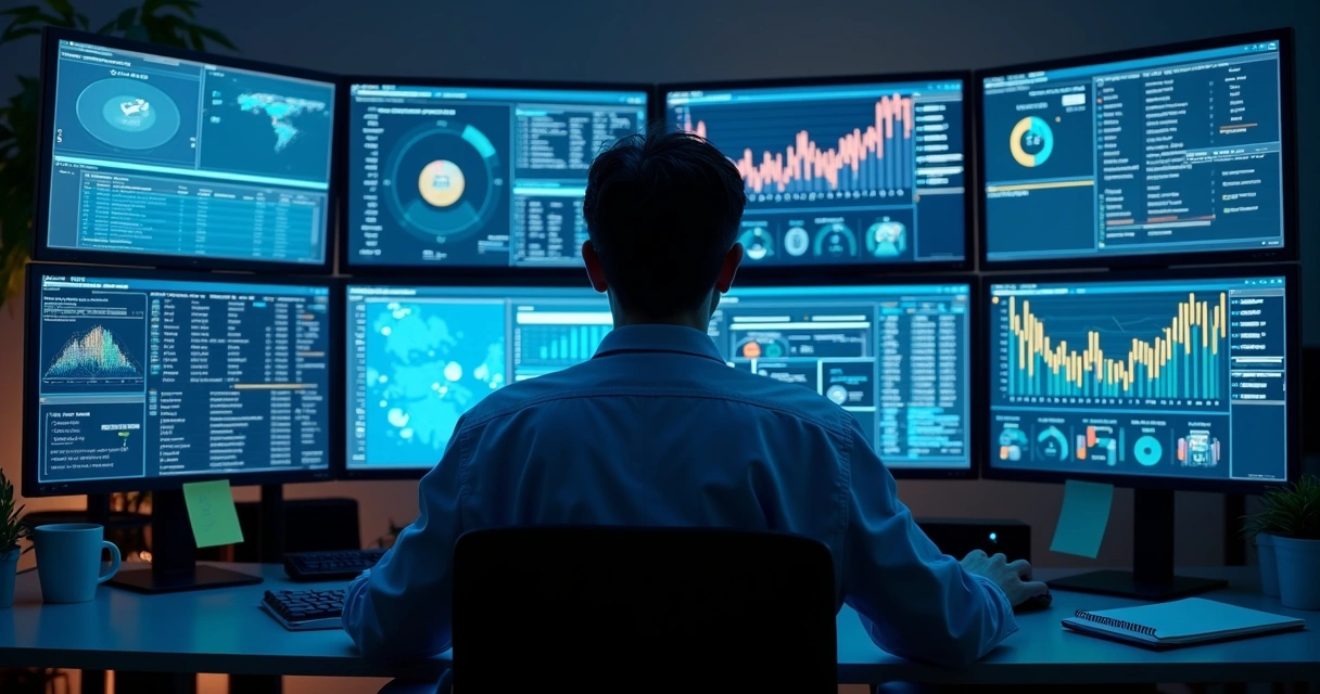 Profissional de TI analisando relatório de dados e gráficos complexos em múltiplos monitores 