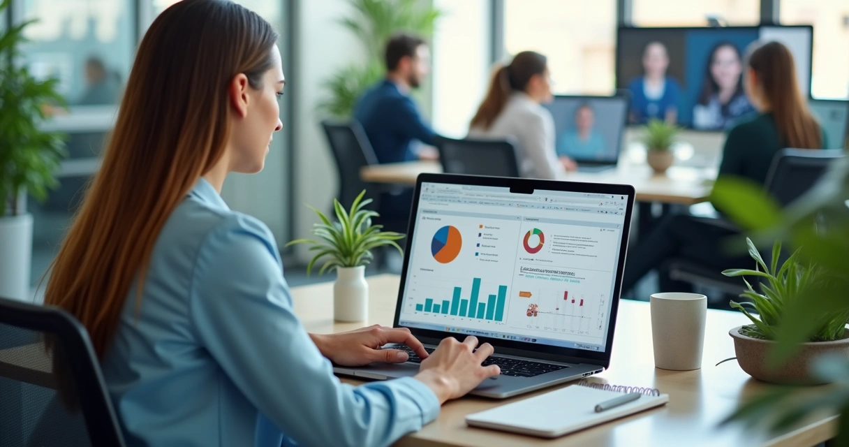 Executiva analisa gráficos de competências de equipe híbrida em notebook 