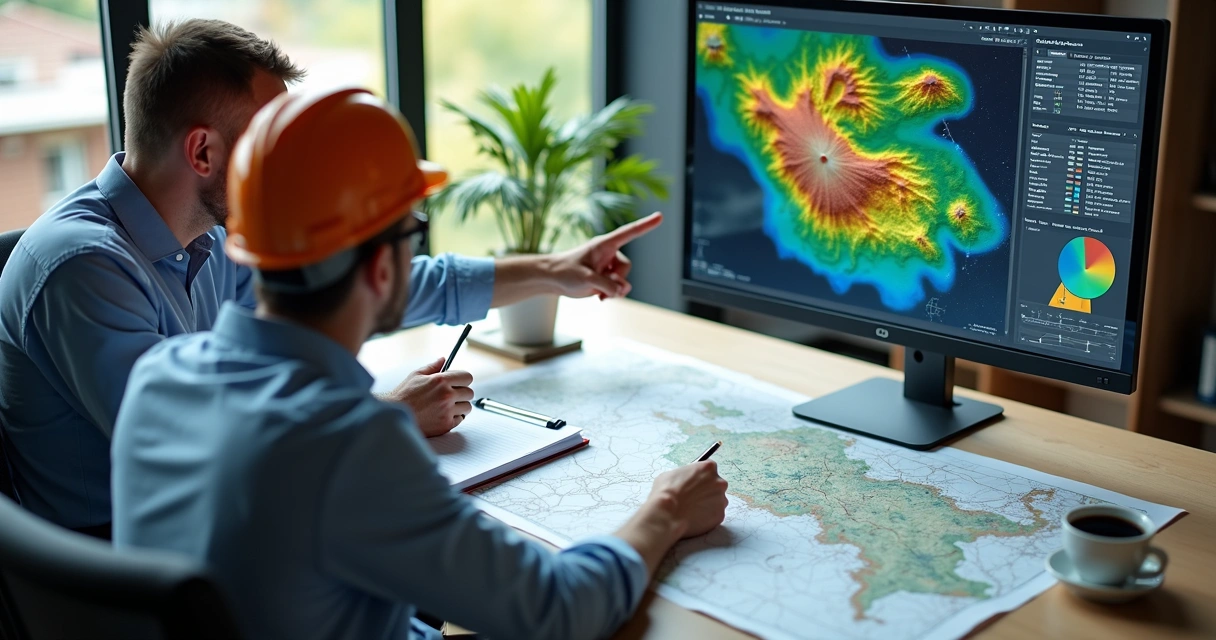 Engenheiros analisando mapas e dados topográficos em escritório com plantas e computadores 