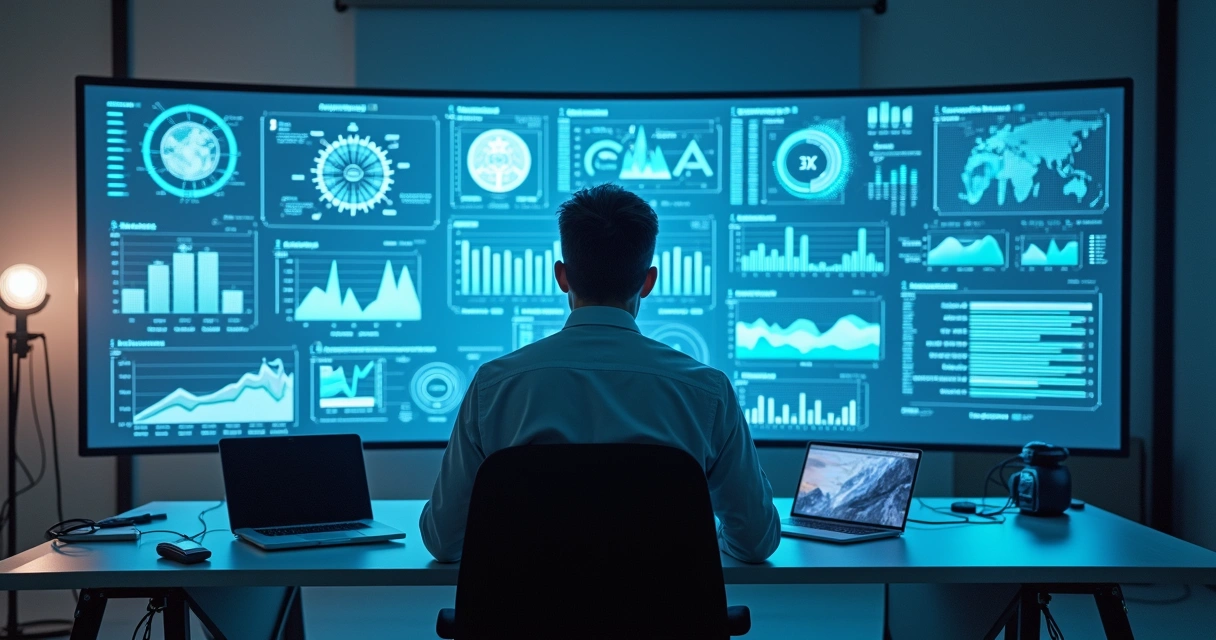 Profissional analisando gráficos digitais avançados em tela transparente 