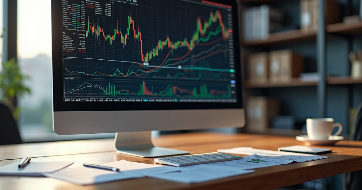 Computador com gráficos financeiros e análise de dados de trading na tela, com planilhas e notas ao redor 