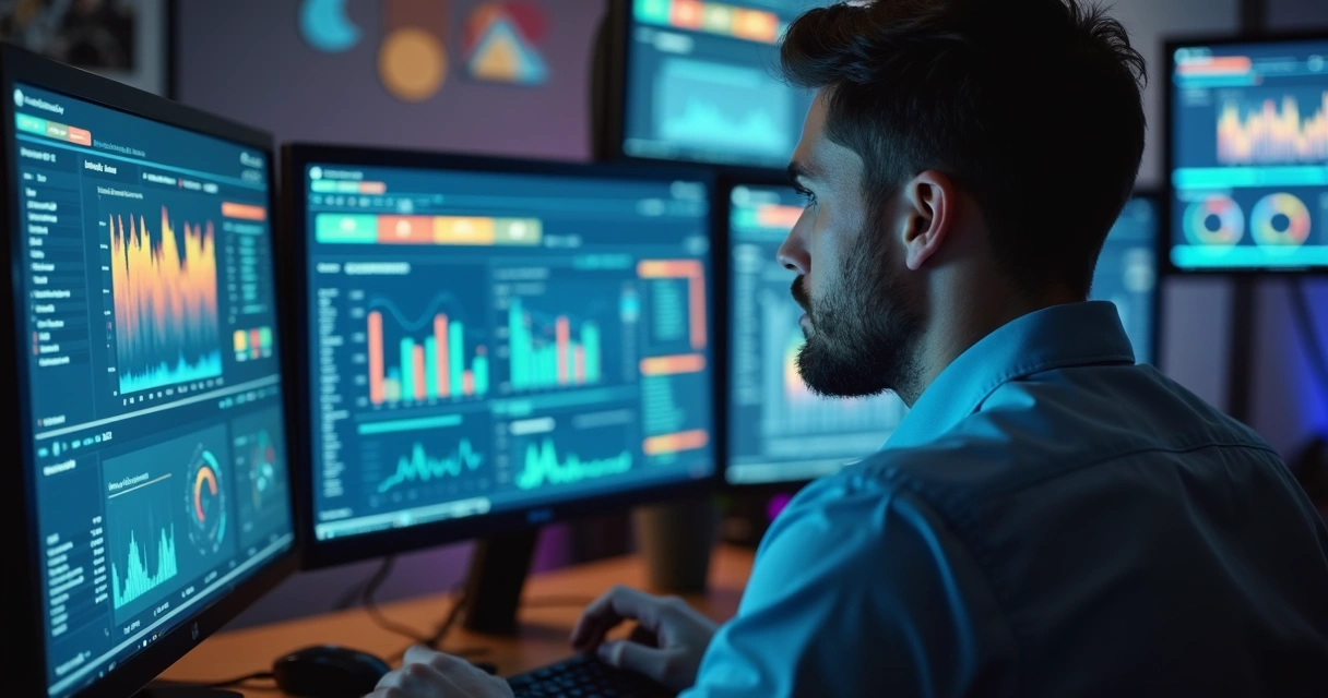 Profissional analisando gráficos de tráfego pago em tela de computador