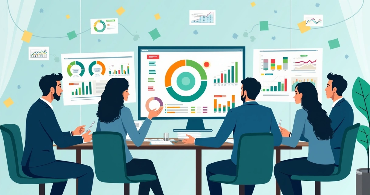 Equipe de RH analisando gráficos de desempenho e mapas de competências em computadores grandes na sala de reunião 